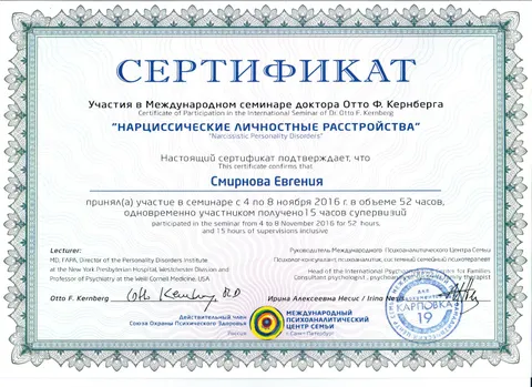Международный семинар д-ра Отто Ф. Кернберга «Нарциссические личностные расстройства»